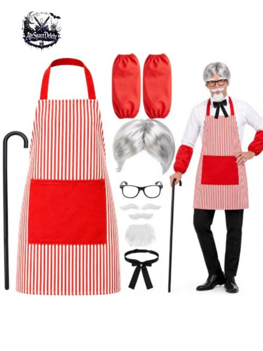 9 Piece Fast Food Chef Costume Kit Striped Apron Wig Beard Adult Halloween